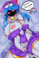 absurd_res anthro blue_hair blush bovid breasts caprine cats_versus_dogs_series clothing female fur genitals hair hi_res kindred lamb_(league_of_legends) league_of_legends legwear mammal nigiruri nipples pink_eyes purple_clothing pussy riot_games sheep solo speech_bubble stockings white_body white_fur woof_and_lamb_kindred