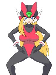 1girls big_breasts bliss_zero female front_view looking_at_viewer mega_man mega_man_zero rule_63 solo spread_legs squatting tagme wabuki_(ochigan) white_background zero_(mega_man)