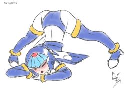 1girls armor bent_over blue_clothing bodysuit closed_eyes fairy_leviathan female helmet jack-o_pose light-skinned_female m11xgirby mega_man mega_man_zero meme open_mouth solo spread_legs tagme thong