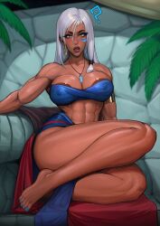 1girls 2023 ? abs areola_slip areolae athletic_female atlantis:_the_lost_empire barefoot blue_nails calf_muscles clothed clothing dark-skinned_female dark_skin feet female female_only fit_female futa_pov human kida looking_at_viewer medium_breasts mostly_nude muscular muscular_arms muscular_female muscular_legs muscular_thighs picturd six_pack solo textless textless_version throne white_hair