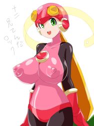 1girls alternate_breast_size big_breasts blonde_hair bodysuit erect_nipples female green_eyes large_breasts mega_man mega_man_battle_network nipple_bulge roll.exe smile solo very_long_hair wabuki_(ochigan)