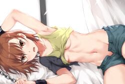 1girls 2020s 2021 arm_up armpits bare_thighs black_shirt blush bound bound_wrists breasts brown_eyes brown_hair casual chains clothes_lift collarbone cowboy_shot curtains denim denim_shorts devil_heavens female groin hair_between_eyes hi_res hips indoors looking_at_viewer lying midriff misaka_mikoto navel on_bed on_side open_fly open_mouth restrained shirt shirt_lift short_hair short_sleeves shorts sidelocks small_breasts solo stomach tank_top teenage_girl teenager thighs to_aru_kagaku_no_railgun to_aru_majutsu_no_index torn_clothes torn_shirt underboob window yellow_tank_top young