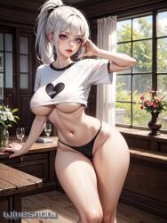 1girls ai_generated curvy_body curvy_female curvy_figure female_focus huge_breasts original_character ponytail solo_female solo_focus stable_diffusion underboob white_hair winesnow