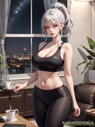 1girls 2023 ai_generated ai_hands cleavage clothed_female curvaceous curvy_body curvy_female female_focus female_only huge_breasts long_hair looking_at_viewer original_character ponytail solo_female solo_focus stable_diffusion white_hair winesnow