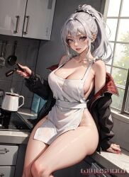 1girls ai_generated apron_only curvy_body curvy_female curvy_figure female_focus female_only huge_breasts long_hair looking_at_viewer original_character ponytail solo_focus stable_diffusion white_hair winesnow