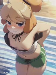 1girls ai_generated animal_crossing anthro beach blue_eyes blush breasts canid canine downblouse embarrassed female female_focus female_only from_above gym_shorts hands_on_hips hanging_breasts high-angle_view isabelle_(animal_crossing) leaning leaning_forward looking_away nintendo nipple_slip nipples ocean sea seaside shy sklimaa small_breasts solo strapless strapless_shirt thighs voyeur voyeurism water yellow_body yellow_fur