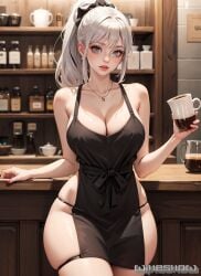 1girls ai_generated apron_only curvy curvy_body curvy_female curvy_figure female_focus hi_res huge_breasts long_hair original_character ponytail seductive_look stable_diffusion voluptuous voluptuous_female white_hair winesnow