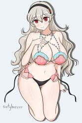 1girls alternate_costume bikini black_bikini_bottom black_headwear blush breasts clam_shell cleavage corrin_(female)_(fire_emblem) corrin_(fire_emblem) corrin_(fire_emblem)_(female) dragon_girl female female_only fire_emblem fire_emblem_cipher fire_emblem_fates groin hand_on_breasts hand_on_own_chest happy headband highres large_breasts light_blush long_hair looking_at_viewer navel nintendo official_alternate_costume red_eyes shell shell_bikini shiny_skin sixtybuzzer smile solo starfish starfish_hair_ornament swimsuit thighs wavy_hair wide_hips