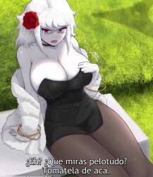 1girls albina_(tidal) albino big_breasts black_dress breast_focus breasts_focus choker cleavage cute_fang dialogue elegant elegant_dress female female_only fur_coat grass huge_breasts latina long_hair mean original_character pantyhose red_eyes rose_(flower) rose_in_hair sitting_on_person spanish spanish_dialogue spanish_text subtitled thick thick_ass thick_legs thick_thighs tidal_(artist) white-skinned_female white_body white_coat white_hair white_skin