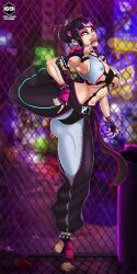 1girls bent_leg black_hair capcom female female_only flexible foot_fetish foot_play hair_horns juri_han looking_at_viewer nipple_bulge nipple_piercing sirbanshee smiling smiling_at_viewer solo standing_on_one_leg street_fighter street_fighter_6 thick_thighs tiptoes tongue_out