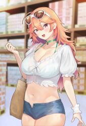 1girls bag blue_shorts breasts choker crop_top eyewear_on_head female female_only green_choker holding holding_bag hololive hololive_english hololive_myth large_breasts light-skinned_female light_skin midriff navel official_alternate_costume open_fly open_mouth orange_hair pointy_chin red_eyes shio05_(05_sio) shopping short_shorts shorts solo sunglasses sunglasses_on_head takanashi_kiara takanashi_kiara_(2nd_costume) virtual_youtuber white_crop_top