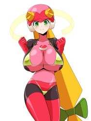 1girls alternate_breast_size big_breasts blonde_hair bodysuit breasts_bigger_than_head female green_eyes large_breasts long_hair mega_man mega_man_battle_network micro_bikini roll.exe smile solo tagme very_long_hair wabuki_(ochigan) wide_hips