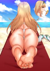 artist_name ass back barefoot beach beach_mat bikini blonde_hair blue_sky closed_mouth cloud cloudy_sky cup drinking drinking_glass drinking_straw drinking_straw_in_mouth earrings feet female flip-flops food foot_focus foreshortening fruit full_body green_nails jewelry juice lemon_slice lemonade lying mythra mythra_(xenoblade) nail_polish on_stomach outdoors sand sandals seishinashi shadow sky smile soles swimsuit tiara toenail_polish toenails toes water white_bikini xenoblade_chronicles_(series) xenoblade_chronicles_2 yellow_eyes