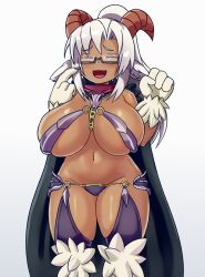 1girls animal_hands animal_legs baphomet_(monster_girl_encyclopedia) black-framed_eyewear breasts cleavage closed_eyes dark-skinned_female dark_skin facing_viewer female female_only glasses highres horns large_breasts long_hair monster_girl monster_girl_encyclopedia nav_(thatnav) navel oerba_yun_fang open_mouth original ponytail rectangular_eyewear semi-rimless_eyewear simple_background smile solo under-rim_eyewear white_background white_hair