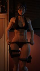 3d abs asian athletic athletic_female choker dokkaebi_(rainbow_six) female_only glasses headgear kjthegrimreaper korean obliques panties pulling_panties rainbow_six_siege smiling smiling_at_viewer sweaty sweaty_body tactical_nudity underwear wet wet_body