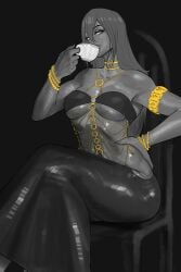 black_and_white breasts choker cinkoji drink drinking female gold_(metal) gold_jewelry gold_necklace hair long_hair midriff necklace oc original original_characters sharp_fingernails sharp_nails solo solo_female teacup