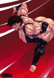 ass big_ass big_breasts black_clothing breasts brown_hair cinkoji color colored female long_ears long_hair midriff muscle muscles muscular muscular_arms muscular_back muscular_female muscular_thighs oc original original_characters pointy_ears sharp_teeth short_hair smile smiling solo solo_female