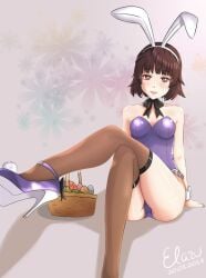 1girls atlus basket bowtie breasts brown_hair bunny_ears cuff_links detached_collar easter_eggs elazu fake_animal_ears high_heels leotard looking_at_viewer makoto_niijima medium_breasts megami_tensei painted_fingernails persona persona_5 playboy_bunny purple_leotard red_eyes short_hair sitting thighhighs