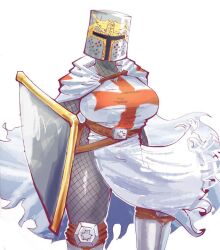 armor big_breasts big_thighs breasts chainmail cinkoji color colored female helmet knight medieval_armour metal oc original original_character shield solo solo_female thighs white_clothing