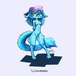 2023 anthro blue_body blue_fur breasts clothing colored derideal digital_drawing_(artwork) digital_media_(artwork) female genitals hands_behind_back hat headgear headwear hi_res icon kiaun laura_(derideal) letters long_tail pussy shaded shadow signature simple_background solo symbol tail text tuft url white_background yellow_eyes