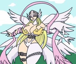 1girls 2023 4_fingers 8_wings angewomon deterex525 digimon digital_media_(artwork) female helmet helmet_over_eyes highres human revealing_clothes solo wide_hips wings