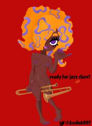 axolink007 blowjob_gesture blue-ringed_octopus brass_instrument breasts dark-skinned_female dialogue english_text feet fuzzy_octoling musical_instrument octoling octoling_girl purple_eyes purple_nipples pussy red_background splatoon talking_to_viewer tao_blu_(splatoon) trombone trombone_girl_(splatoon) twitter_username