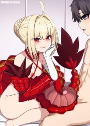 1boy 1girls ahoge bikini black_hair blonde_hair blue_eyes braid breasts censored collarbone criss-cross_halter dragon_claw dragon_tail elbow_gloves facial_mark fate/grand_order fate_(series) female french_braid fujimaru_ritsuka_(male) gloves hair_bun hair_intakes halterneck highres light-skinned_female light-skinned_male light_skin long_hair mapar mosaic_censoring nero_claudius_(fate) nipples nude penis queen_draco_(fate) queen_draco_(second_ascension)_(fate) red_bikini red_eyes scales short_hair single_glove sitting small_breasts smile straight swimsuit tail tail_wrap tailjob thighs wariza white_gloves