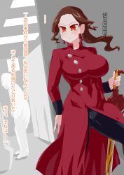 big_breasts brown_hair brunette clothed earrings fully_clothed hiding japanese_text kamen_rider kamen_rider_saber_(series) large_breasts orange_eyes otokam1117 page_1 red_earrings red_jacket shindai_reika sword