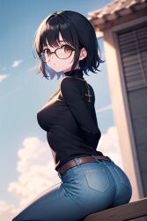 1girls ai_generated ass big_ass big_breasts black_hair blush booty breasts brown_eyes curvy denim female from_behind glasses human hunter_x_hunter jeans large_breasts looking_at_viewer looking_back pale-skinned_female pale_skin pants phantom_troupe shirt shizuku_murasaki short_hair shounen_jump sideboob solo sweater tight_pants villainess wide_hips