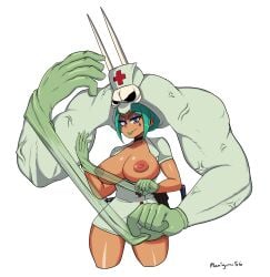 1girls 2022 adjusting_gloves areolae big_breasts breasts cerebella dark-skinned_female green_hair latex_gloves maniyunu56 nipples nurse skullgirls thick_thighs thighs