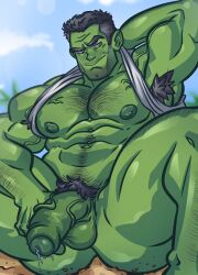 1boy bara gay green-skinned_male green_skin hairy hoot_exe hulk hulk_(series) male male_only marvel marvel_cinematic_universe mature mature_male muscular muscular_male solo solo_male tagme