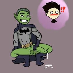 1boy beast_boy beast_boy_(teen_titans) boner cosplay cum dc dc_comics dick_grayson erection gay green green_body green_eyes green_hair green_skin male male_only masturbation nsfw nsfwbearpaw robin_(dc) robin_(dick_grayson) yaoi