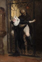 1boy 1boy1girl 1girls ass breast_grab christianity closed_eyes coif female fine_art gate habit heinrich_lossow highres male male/female nun priest public_domain sex straight the_sin thick_thighs thighs