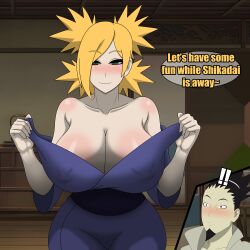 !! 1boy 1girls before_sex big_breasts blonde_hair blush boruto:_naruto_next_generations breasts clumsydrawer embarrassed female female_focus huge_breasts husband_and_wife inviting inviting_to_sex kimono kimono_pull large_breasts male male/female milf nara_shikamaru naruto naruto_(series) naughty_face no_bra puffy_nipples sagging_breasts temari text text_bubble undressing voluptuous wide_hips