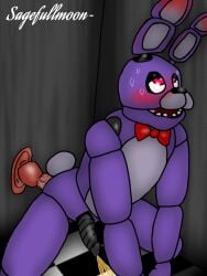 animatronic anthro blush bodily_fluids bonnie_(fnaf) dildo dildo_insertion dildo_riding five_nights_at_freddy's genital_fluids lagomorph leporid lube machine male male_only mammal peeing peeing_on_ground rabbit robot sagefullmoon scottgames sex_toy sex_toy_insertion solo sweat urine watersports