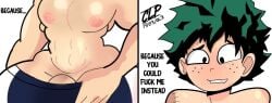 2boys abs biting_lip bribe creamy_lemon_pie femboy gay green_hair imminent_sex imminent_yaoi izuku_midoriya male male_only minoru_mineta muscle my_hero_academia nipples thick_thighs wanting_sex wide_hips yaoi