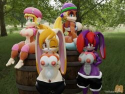 3d_(artwork) absurd_res anthro barrel bedroom_eyes big_breasts blender_(software) blender_cycles blonde_hair breasts brown_body clothed clothing cream_the_rabbit darcy_the_rabbit_(therabbitsnsfw) demon_rabbit digital_media_(artwork) dixie_kong donkey_kong_(series) ear_piercing ear_ring fan_character female fur genitals green_eyes group group_nudity group_photo hair haplorhine hat headgear headwear hi_res hoop_ear_ring huge_thighs kong lagomorph leporid long_hair looking_at_viewer mammal monkey narrowed_eyes nintendo nipples nude orange_hair outdoor_nudity outside piercing primate purple_body purple_fur rabbit red_body red_fur red_hair ring_piercing seductive sega smile smiling_at_viewer sonic_(series) sonic_the_hedgehog_(series) tan_body tan_fur teeth therabbitsnsfw thick_thighs tiny_kong topwear white_body white_fur