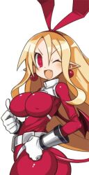 alternate_breast_size ass blonde_hair bodysuit breasts disgaea disgaea_rpg female flonne gigantic_breasts happy huge_ass huge_breasts large_breasts nippon_ichi_software pointy_ears red_eyes tagme thesanstorm tight_clothes