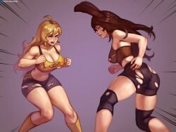 2girls akeowi ass blonde_hair bubble_butt bunny_ears bunny_girl catfight faunus female huge_breasts imminent_fight large_breasts long_hair rabbit_ears ripped_clothing rwby torn_clothes torn_clothing velvet_scarlatina yang_xiao_long