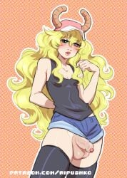 1boy artist_name balls ballsack baseball_cap blonde_hair femboy foreskin genderswap genderswap_(ftm) heterochromia horns humanoid humanoid_penis intact light-skinned_femboy light-skinned_male light_skin long_foreskin long_hair loose_foreskin lucoa lucoa_(maidragon) miss_kobayashi's_dragon_maid penis penis_out pubic_stubble quetzalcoatl_(dragon_maid) ripushko rule_63 scrotal_raphe scrotum semi-erect smooth_penis tank_top testicles uncut unretracted_foreskin