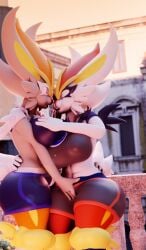 2girls 3d 3d_(artwork) anthro big_breasts breasts cinderace curvy female female_only furry nicholaideus nintendo pokémon_(species) pokemon thick_thighs voluptuous wide_hips yuri