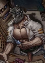 1boy 2023 5_fingers bara bingjikong bottle clothed cybernetics detailed_background dildo erect_penis extend_(species) humanoid juzo_inui muscular_male no_guns_life open_shirt penis_out penis_vein screwdriver shelf solo_male tagme twitter veiny_penis wooden_floor workshop