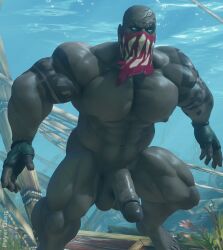 1boy balls bara big_balls big_muscles big_penis dark-skinned_male dark_skin league_of_legends male male_only muscular muscular_male nude ocean penis psyertitan pyke solo underwater water