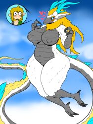 3:4 anthro blush breasts claws dragon duo female floating fur genitals hair heart hi_res horn humanoid hylian inudono light_dragon_(totk) link_(tears_of_the_kingdom) long_hair long_tail male navel nintendo nipples nude pussy scalie size_difference tail tears_of_the_kingdom thick_thighs white_body white_fur wide_hips