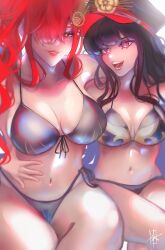 2girls big_breasts bikini black_bikini black_hair curvaceous fate/grand_order fate_(series) female female_only hair_ornament hair_over_one_eye hand_around_waist hat light-skinned_female light_skin medium_breasts military_hat oda_nobunaga_(fate) oerba_yun_fang red_eyes red_hair red_lipstick seductive seductive_eyes seductive_look seductive_smile string_bikini sundaeqi swimsuit swimwear thick_thighs type-moon waist