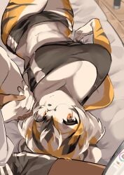 1girls abs amber_eyes anthro arknights bad_link big_breasts breasts cleavage female glasses hand_holding hypergryph looking_up_at_viewer multicolored_hair mx99926 orange_eyes round_glasses short_hair solo solo_female sports_shorts studio_montagne tank_top thick_thighs tiger tiger_ears tiger_girl waai_fu_(arknights) wide_hips yostar