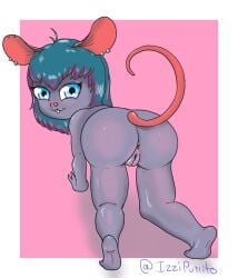 all_fours animal_humanoid anus ass blue_eyes blue_hair buckteeth ear_piercing female genitals grey_body hair hi_res humanoid izzipurrito looking_at_viewer mammal mammal_humanoid mouse mouse_ears mouse_humanoid mouse_tail murid murid_humanoid murine murine_humanoid nude piercing presenting presenting_hindquarters presenting_pussy purple_hair pussy raised_tail rodent rodent_humanoid simple_background solo streamer tail teeth