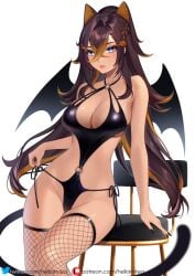 bat_wings big_breasts black_leotard blue_eyes boobs breasts brown_hair cat_ears cat_tail cleavage dark-skinned_female dark_skin dehya_(genshin_impact) female female_only fishnet_legwear fishnets fully_clothed genshin_impact halter_top halterneck helloimtea large_breasts leotard lingerie revealing_clothes skimpy_clothes succubus succubus_wings tail thick_thighs thigh_highs thighs two_tone_hair