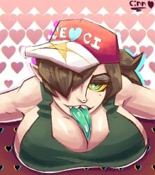 baseball_cap big_breasts breasts brown_hair brown_hair cecilia_(fujiweeb) cinkoji female green_eyes green_tongue hat light-skinned_female light_skin long_ears oc original original_character pointy_ears sharp_teeth smile smiling solo solo_female tongue tongue_out