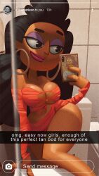 1girls anne_maria_(tdi) authorialnoice bathroom big_breasts cartoon_network cellphone clothed clothing dark-skinned_female dark_skin dress english_text female female_focus female_only huge_breasts long_hair revealing_clothes selfie text thick_thighs total_drama:_revenge_of_the_island total_drama_island wide_hips